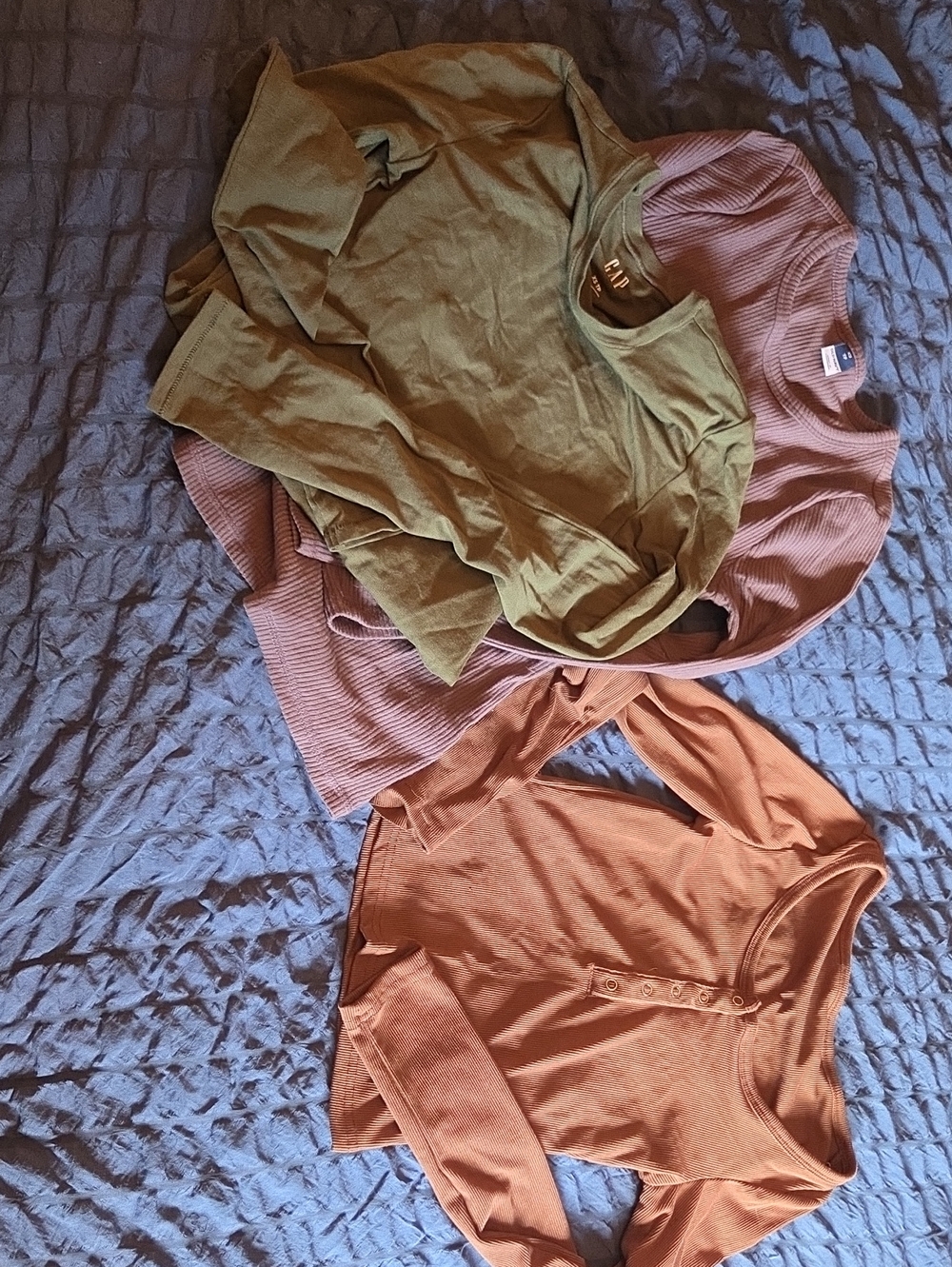 GAP Ribbed Long-Sleeve Tees in Olive, Mauve, and Rust